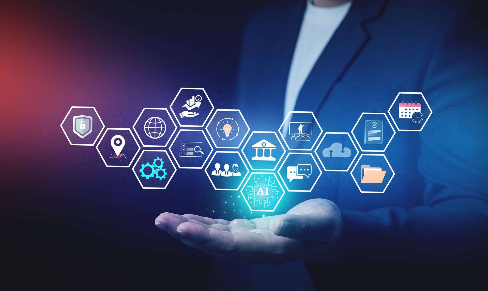 Businessmen show icon concept of using artificial intelligence technology AI to analyze marketing, business management insights, money management, online networking